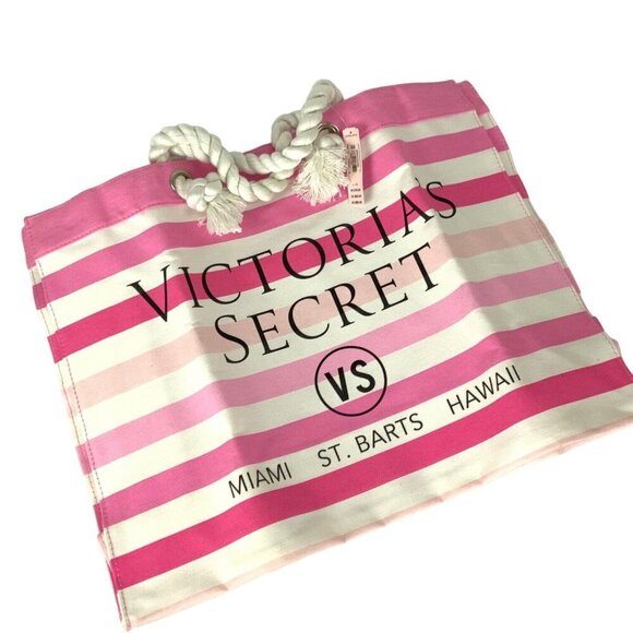 Victorias Secret Pink & White Striped Canvas Tote Bag - Picture 1 of 7
